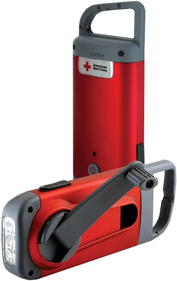 Eton American Red Cross Crank-Powered Clipray Clip-On Flashlight & Smartphone Charger, Hand Crank, Cherry Red, Commitment to Preparedness