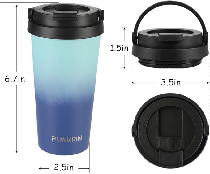 Funkrin Insulated Coffee Mug with Ceramic Coating, 16oz Iced Coffee Tumbler Cup with Flip Lid and Handle, Double Wall Vacuum Leak-Proof Travel Mug for Office School Party Camping