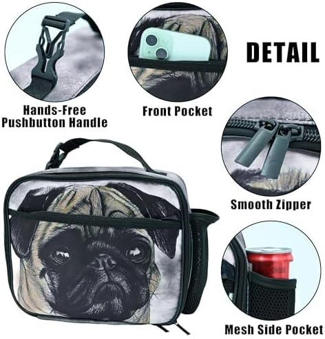 Pug Dog Lunch Bag Insulated Reusable Lunch Box Kids Girls Boys Cooler Thermal Tote Bag For Men Women School Work Picnic