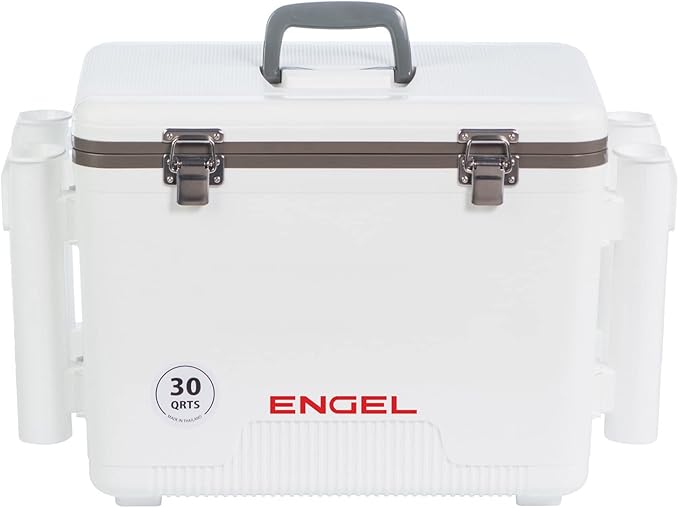 Engel UC30 30qt Leak-Proof, Air Tight, Fishing Drybox Cooler with Built-in Fishing Rod Holders, Also Makes The Perfect Hard Shell Lunchbox for Men and Women in White