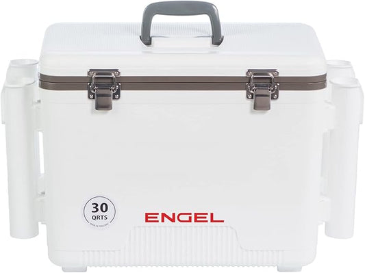 Engel UC30 30qt Leak-Proof, Air Tight, Fishing Drybox Cooler with Built-in Fishing Rod Holders, Also Makes The Perfect Hard Shell Lunchbox for Men and Women in White