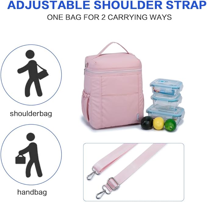 NOL Natural Organic Lifestyle Insulated Lunch Bags for Women Cooler Bag Lightweight Nylon Waterproof Lunch Box For Work (Pink, Large)