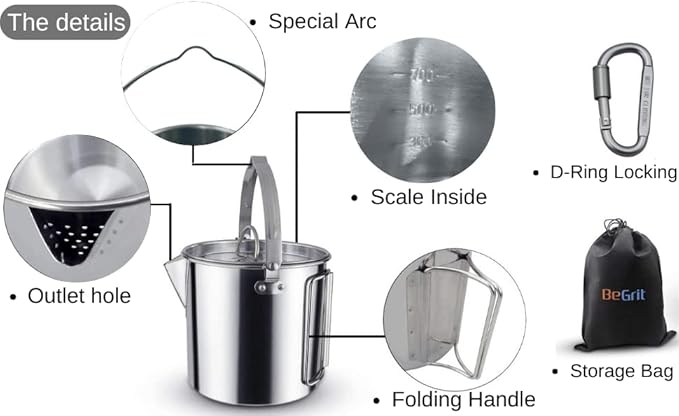 BeGrit Camping Coffee Pot Camping Pot Tea Kettle Stainless Steel Hiking Pot Portable Percolator Coffee Pot with Handles and with Lids for Camping Hiking Picnic