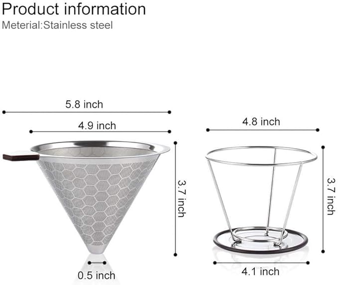 HOMEE Pour Over Coffee Dripper - 304 Stainless Steel Double-layer Coffee Filter fits Hand-grinding Coffee, 1-6 Cups Brew Once a Time Suitable for Families