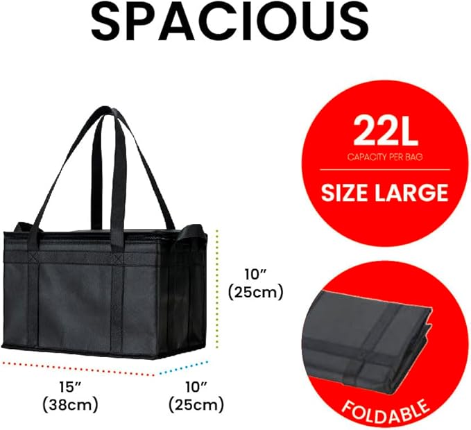 NZ Home Insulated Cooler Bag and Food Warmer (Large, 2 pack) for Food Delivery & Grocery Shopping with Zippered Top, Black