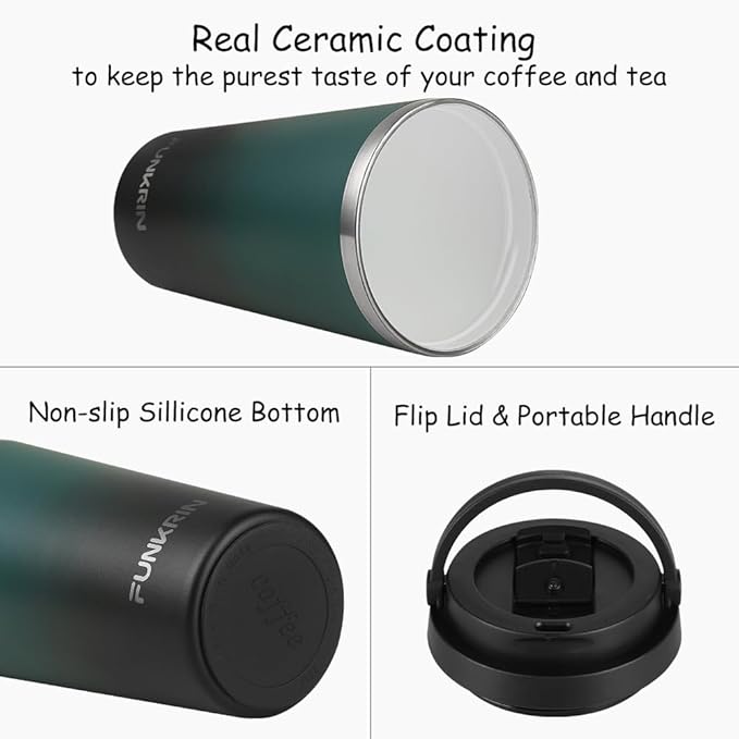 Funkrin Insulated Coffee Mug with Ceramic Coating, 16oz Iced Coffee Tumbler Cup with Flip Lid and Handle, Double Wall Vacuum Leak-Proof Travel Mug for Office School Party Camping