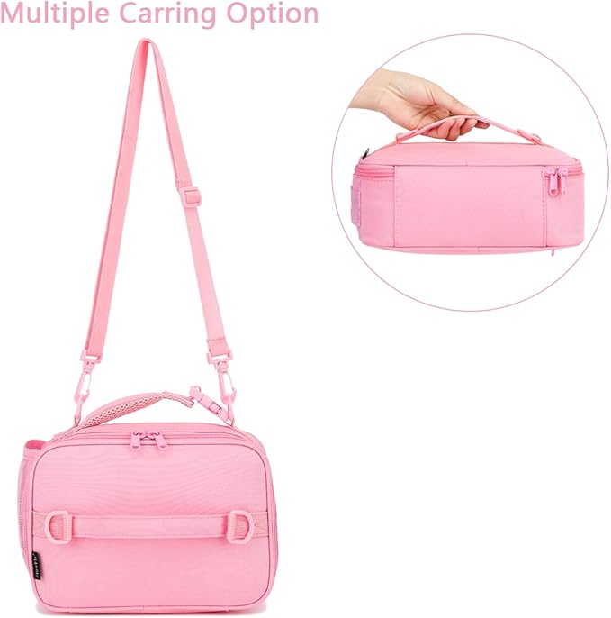 FlowFly Kids Lunch Bag, Durable Insulated School Lunch Box with Shoulder Strap and Bottle Holder, Water-resistant Thermal Small Lunch Cooler Tote for Teen Boys & Girls,Pink