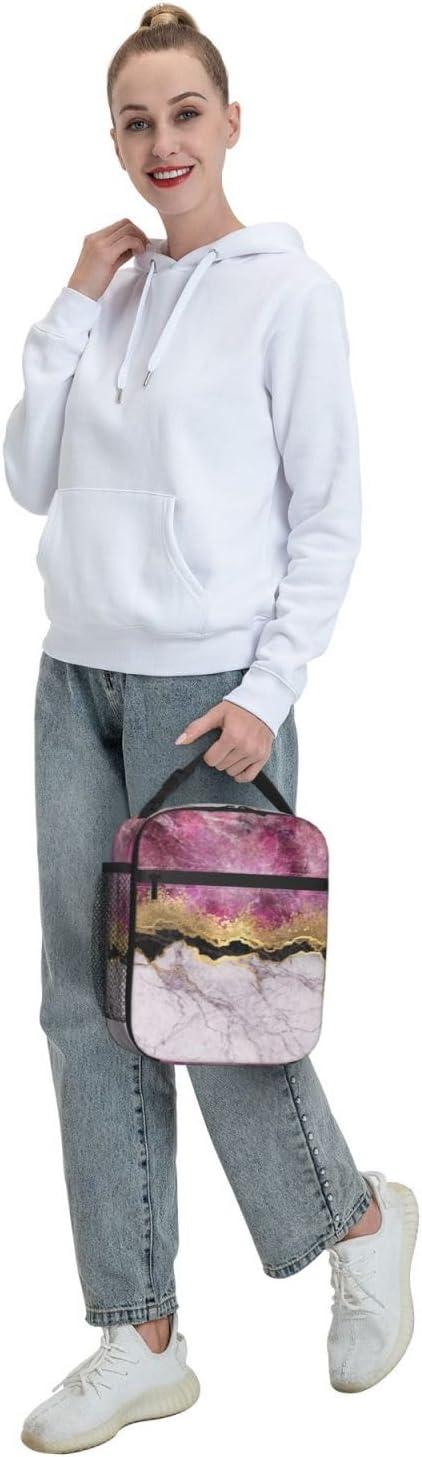 Fashion Marble Lilac Gold Purple Insulated Lunch Bag Reusable Cooler Lunch Box Portable Leakproof Thermal Container Tote Bags for Girls Boys School Travel
