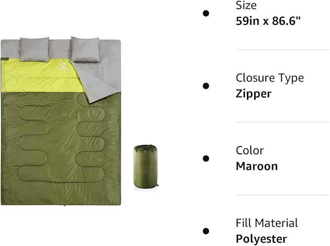 oaskys Double Sleeping Bag for Adults with 2 Pillows - Queen Size XL Waterproof Sleeping Bag for All Season Camping Hiking Backpacking 2 Person Sleeping Bags for Cold Weather & Warm
