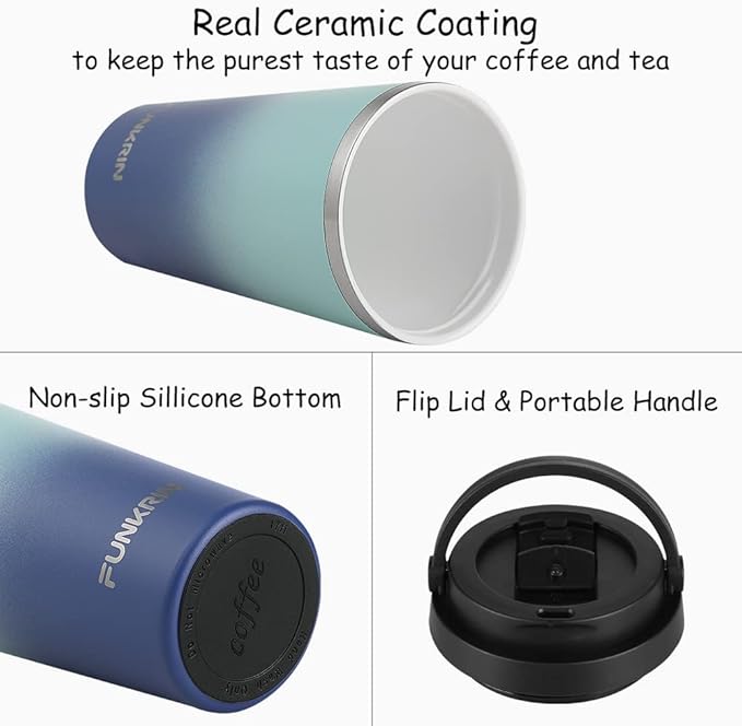 Funkrin Insulated Coffee Mug with Ceramic Coating, 16oz Iced Coffee Tumbler Cup with Flip Lid and Handle, Double Wall Vacuum Leak-Proof Travel Mug for Office School Party Camping