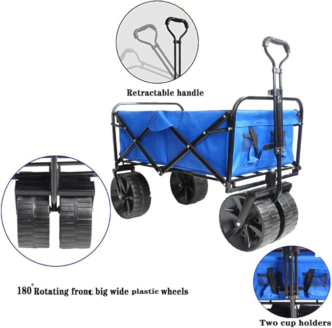 Collapsible Folding Wagon Garden Shopping Beach Cart,Heavy Duty Utility Buggy with Big Wheels,Adjustable Handle and Cup Holder,for Sand,Camping,Outdoor,40.55",Blue