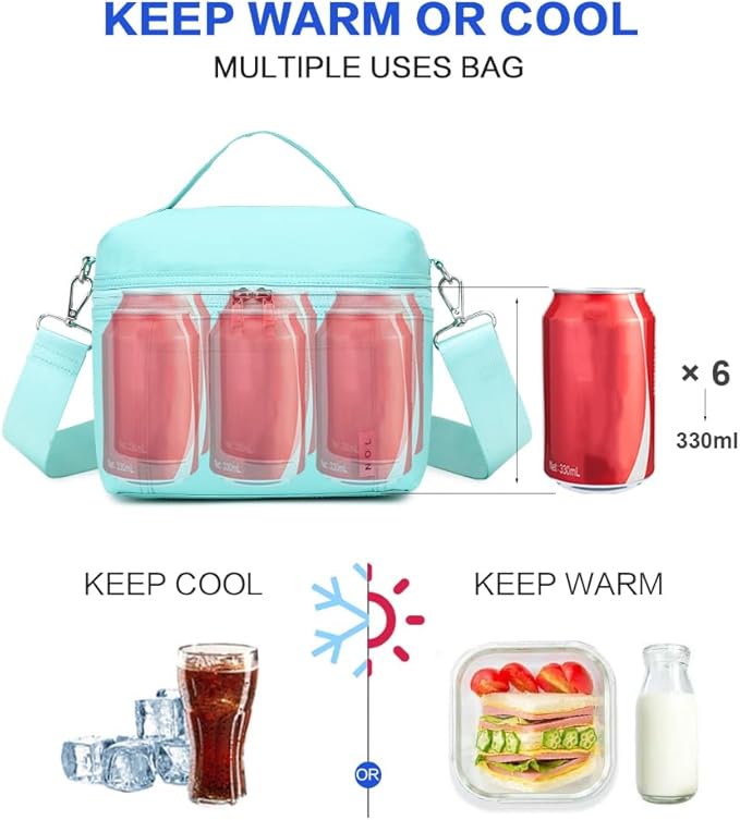 NOL Natural Organic Lifestyle Insulated Lunch Bags for Women Cooler Bag Lightweight Nylon Waterproof Lunch Box For Work（Small, Cyan