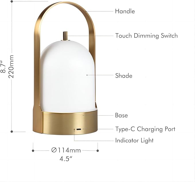 Tubicen Portable Outdoor Battery Operated Lantern Table Lamp Waterproof, 4000mAh Cordless Rechargeable 4 Levels Touch Dimmable Brass Table Lamp, LED Night Light for Patio Camping Dining Room Bedroom