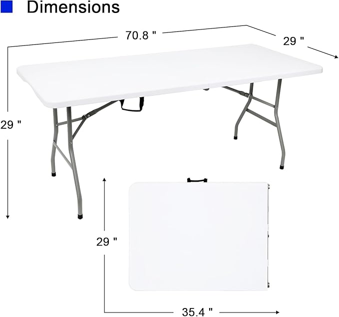 70.8" W X 29" D X 29" H - 6 ft Folding Table White Portable Heavy Duty Plastic Fold-in-Half Utility Foldable Table for Camp，Picnic & Party