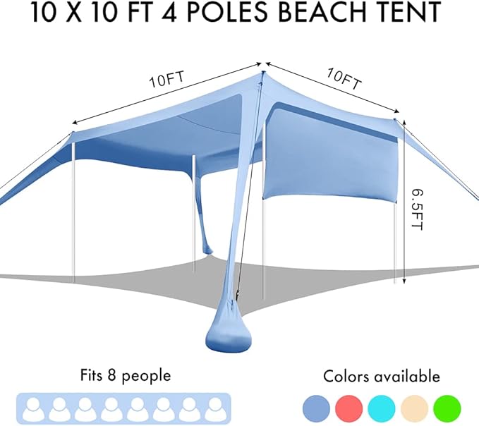 Beach Canopy Tent Shade with Sidewalls 10x10FT, 6.6FT Tall, UPF50+ Sun Shelter, Windproof & Water Resistant, Includes Guylines Sand Shovel Stability Poles, Easy Up for Beach Outdoor Camping Backyard
