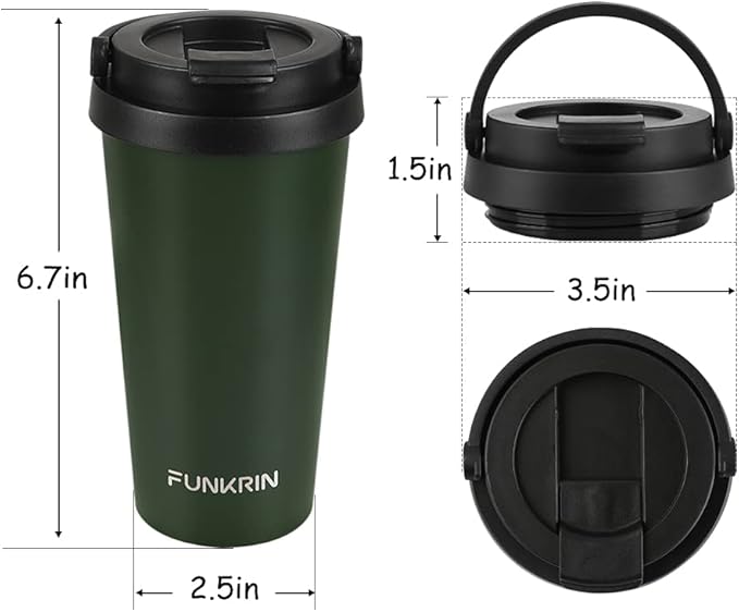 Funkrin Insulated Coffee Mug with Ceramic Coating, 16oz Iced Coffee Tumbler Cup with Flip Lid and Handle, Double Wall Vacuum Leak-Proof Travel Mug for Office School Party Camping