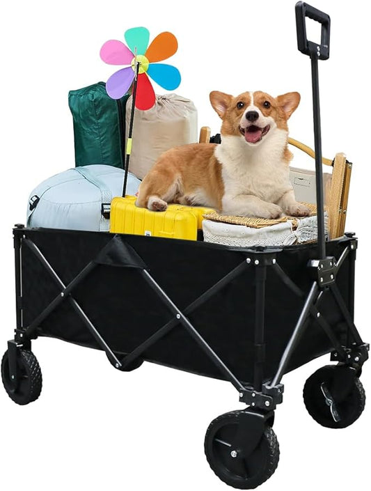 Folding Heavy Duty Camping Wagon Cart with All-Terrain Wheels & Adjustable Handle, Good for Outdoor Picnic, Garden Party, Shopping, BBQ, Black