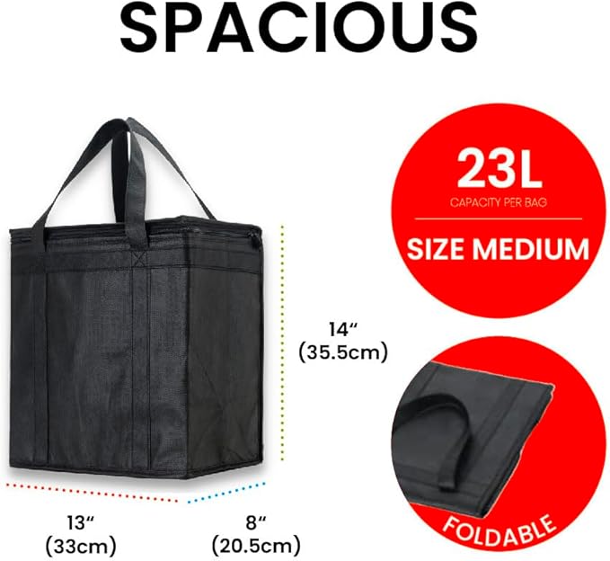 NZ home Medium Insulated Cooler Bag and Food Warmer for Delivery & Grocery Shopping with Zippered Top, Black (1 Pack)