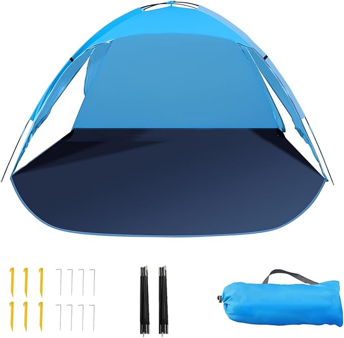 Beach Tent for 3-4 People, UPF50+ Sun Shelter with Breathable 3-Zipper Door Design, 8.0mm Reinforced Fiberglass Poles, Portable Shade Canopy for Beach & Camping (Blue)