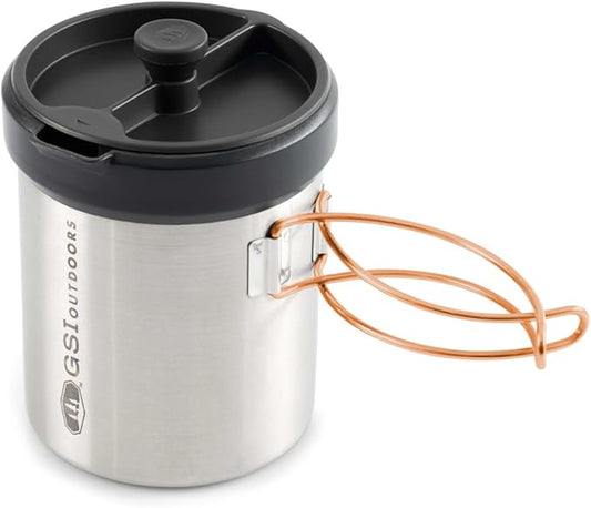 GSI Outdoors Glacier Personal Javapress Stainless Steel Press Mug with Folding Handles and Pour-Through Lid – Brews 22 fl. oz.