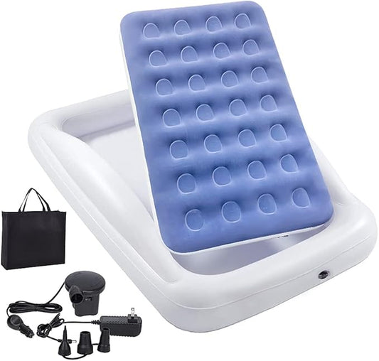 Inflatable Kids Travel Bed Toddler Air Mattress Set,Portable Blow Up Mattress Sleeping Bed Cot with Bed Rails and Electric Pump Ideal for Road Trip