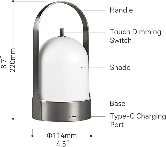 Tubicen Portable Outdoor Battery Operated Lantern Table Lamp Waterproof, 4000mAh Cordless Rechargeable 4 Levels Touch Dimmable Table Lamp, LED Night Light for Patio Camping Restaurant Balcony, Nickel
