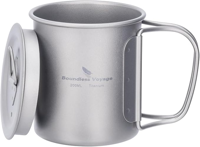 iBasingo 200ml Titanium Mug with Lid Tea Coffee Water Cup Outdoor Camping Pot Ultra-light Portable Hiking Backpacking Cooking Kit Picnic Tableware Drinkware with Foldable Handle Ti3033D
