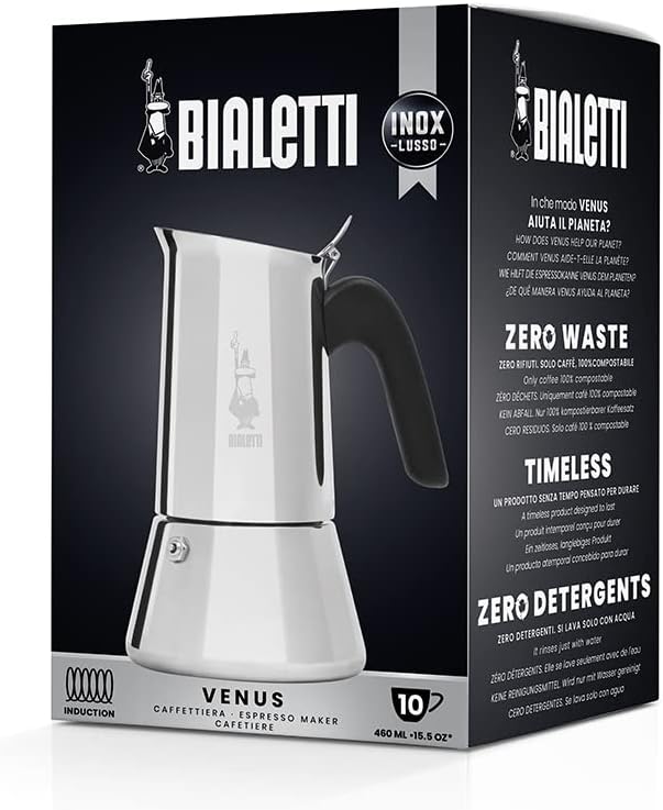 Bialetti - New Venus Induction, Stovetop Coffee Maker, Suitable for all Types of Hobs, Stainless Steel, 10 Cups (15.5 Oz), Silver