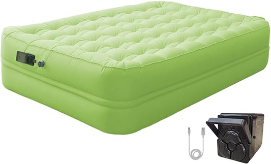 Queen Air Mattress with Built-in Battery Pump, All Luxury Cooling Pongee Fabric Material, Waterproof & Leakproof Air Mattress Queen, Portable Foldable Guest Bed (18", Green)