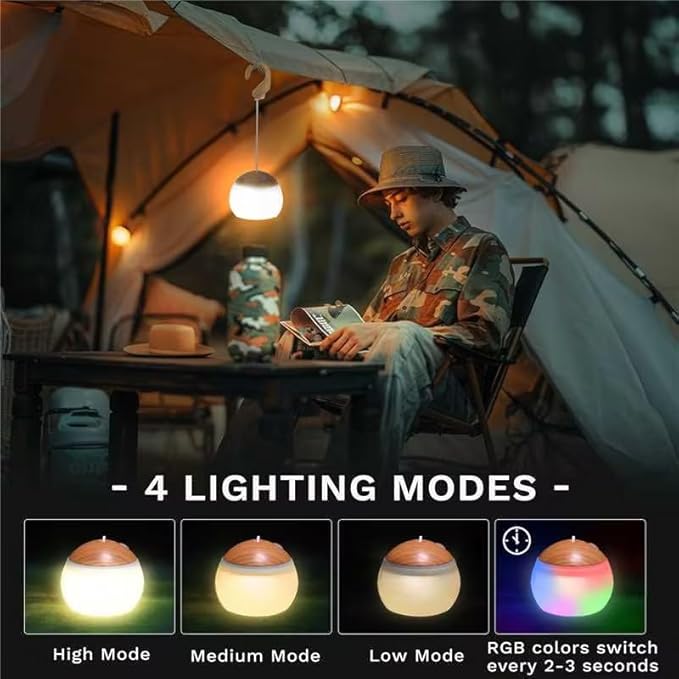 Camping Lantern, 4 Light Modes LED Camping Lantern with Hanging Hook Silicone Rechargeable Camping Light Battery Operated Waterproof Tent Light for Patio Garden Party Hiking Hurricane Emergency