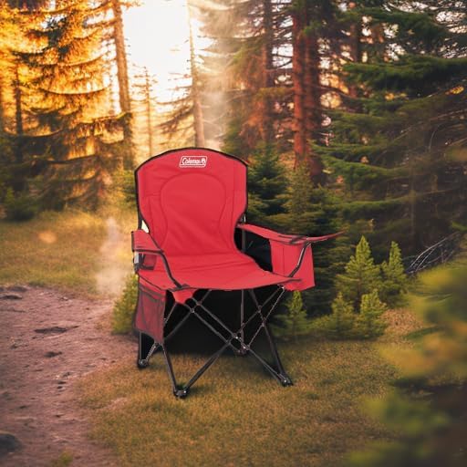 Coleman Portable Quad Camping Chair with 4-Can Cooler, Cushioned Seat & Back with Side Pockets & Cup Holder, Carry Bag Included