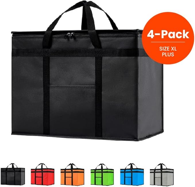 NZ home Insulated Cooler Bag and Food Warmer (XL Plus, 4-Pack) for Delivery & Grocery Shopping with Zippered Top, Black
