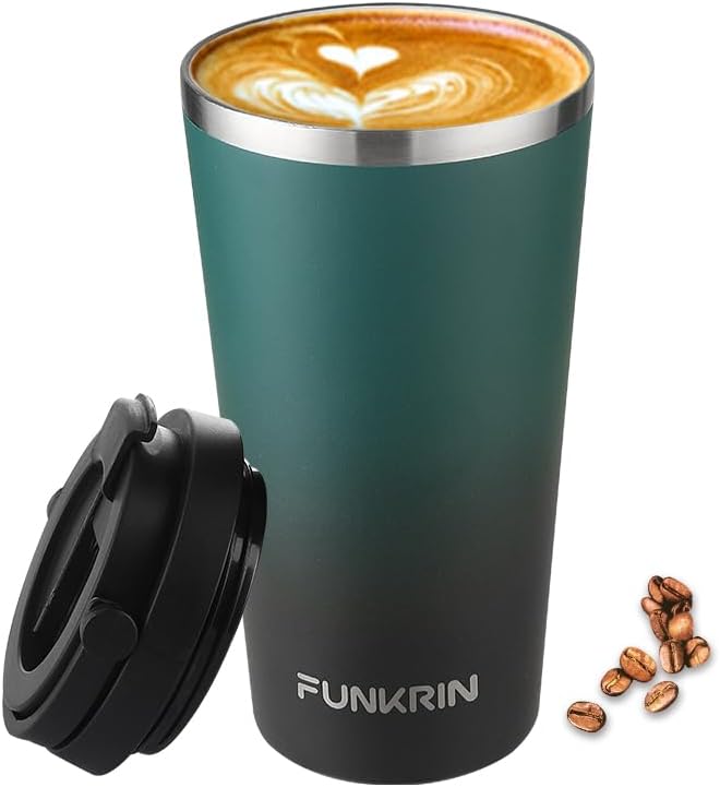 Funkrin Insulated Coffee Mug with Ceramic Coating, 16oz Iced Coffee Tumbler Cup with Flip Lid and Handle, Double Wall Vacuum Leak-Proof Travel Mug for Office School Party Camping