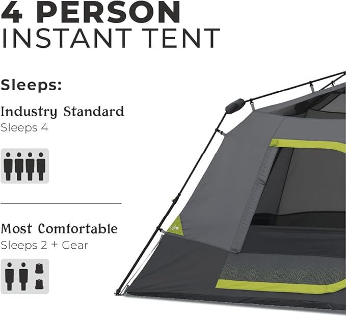 CORE 4 Person Instant Cabin Tent Camping Set | Includes 1 Pop Up Tent with 60 Second Setup, 1 Outdoor Table & 2 Camp Chairs | Perfect for Family Car Camping with Included Carry Bag