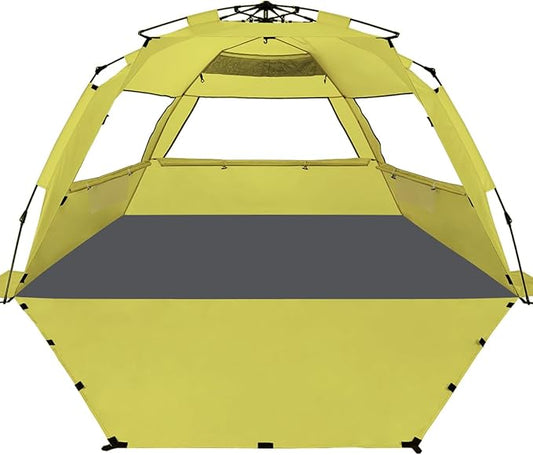 WhiteFang Deluxe Pop Up Beach Tent Sun Shade Shelter for 3-4/5-6 Person, UV Protection, Extendable Floor with 3 Ventilating Windows Plus Carrying Bag, Stakes, and Guy Lines