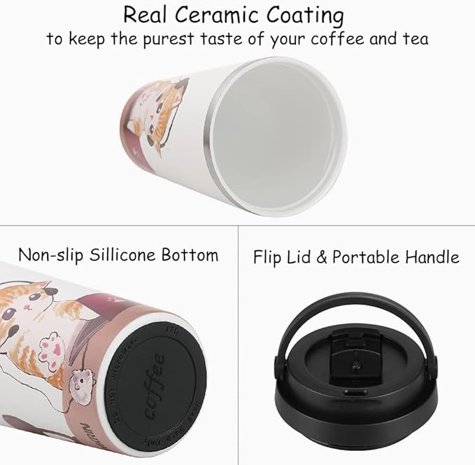 Funkrin Insulated Coffee Mug with Ceramic Coating, 16oz Iced Coffee Tumbler Cup with Flip Lid and Handle, Double Wall Vacuum Leak-Proof Travel Mug for Office School Party Camping