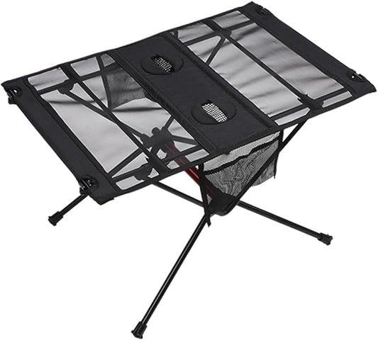 Blueshyhall Camping Table Folding, Small Beach Table Foldable with Drink Holder & Mesh Storage, Compact Camp Tent Side Table for Sand/Picnic/Tailgate/Boat/Travel