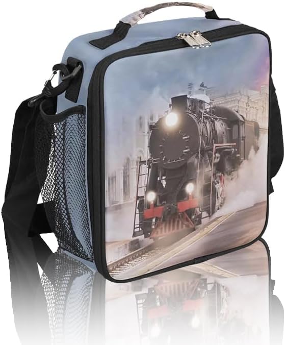 Train Lunch Box for Kids, Vintage Steam Train Lunch Bag for Boys Girls, Reusable Insulated Waterproof Lunch Box with Adjustable Shoulder Strap Thermal Cooler Tote Bag for School Daycare Picnic