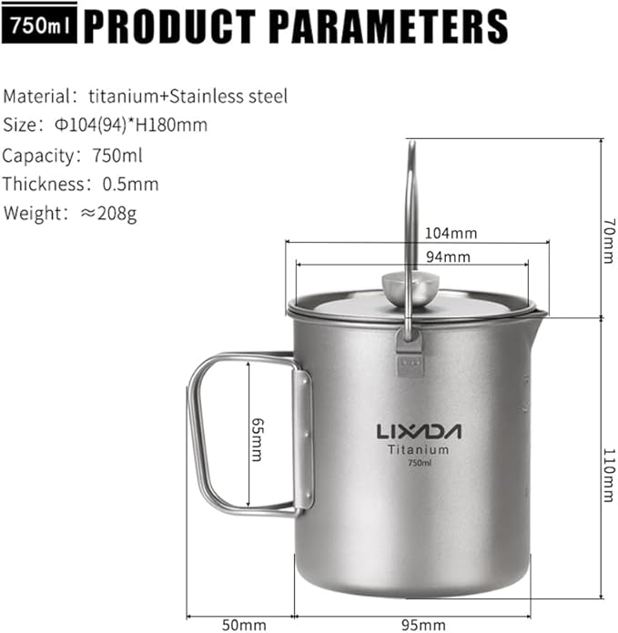 Lixada Titanium Cup Camping Coffee Mug 750ml Outdoor French Press Pot, Camp Cooking Pot, Coffee Maker with Lid, Multi-Functional Travel Mug for Outdoor Camping, Hiking, Picnic, Backpacking