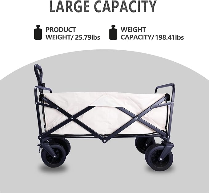 10 Inch Dual Brake Wheels Camping Cart，Collapsible Foldable Wagon, Beach Cart Large Capacity, Heavy Duty Folding Wagon Portable, Collapsible Wagon for Sports, Shopping Cart (Khaki)
