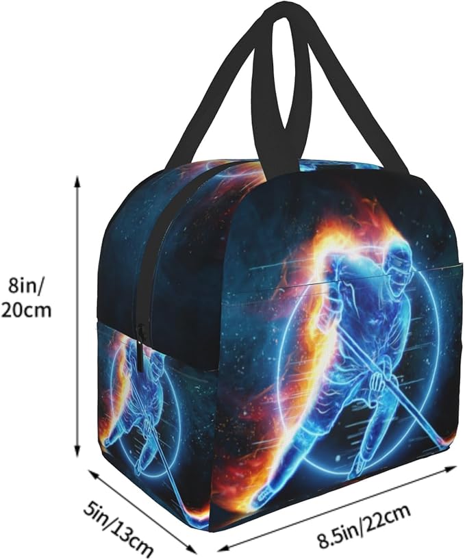 Giwawa Ice Hockey Lunch Bag for Kids Teens Red Fire Player Insulated Lunch Box with Front Pocket Reusable Thermal Cooler Lunch Tote Bag for Girls Boys School Students Men Women Picnic