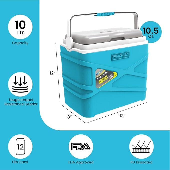 Pinnacle 10 Liter Insulated Cooler Lunch Box -Portable Camping/Picnic Hard Cooler –Coolbox Keeps Cool for 48 hrs. with Ice Retention–Heavy Duty Cooler for Beach, Grill, Travel,Tailgating,Small