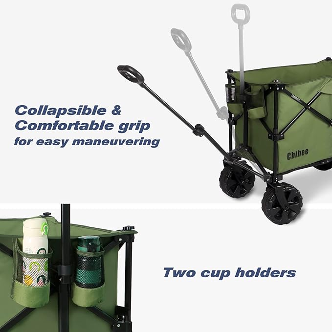 Chihee Folding Beach Wagon Cart, Army-Green, Large Capacity, Removable Fabric, Portable, Lightweight, with Braking System, for All-Terrain Wheels, Ideal for Camping Trips
