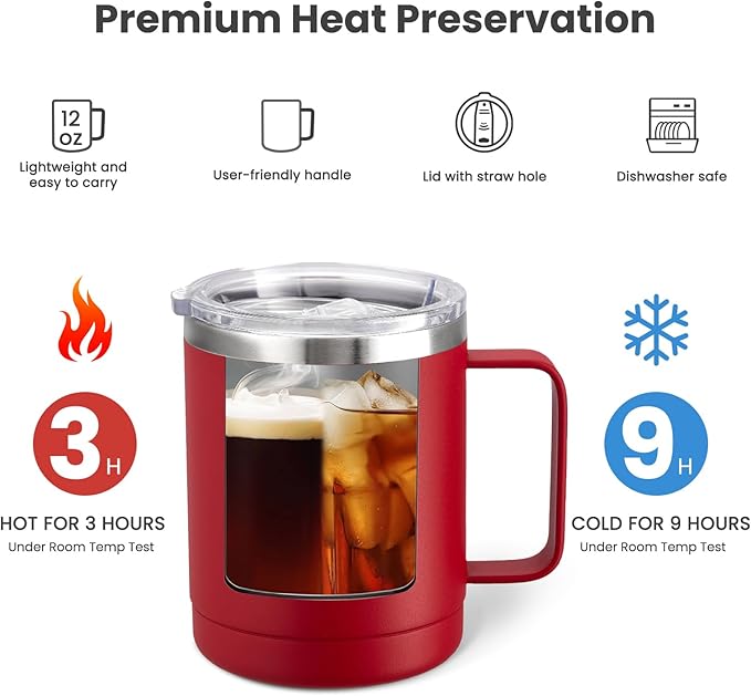 MEWAY 12oz Coffee Mug With Handle 2 Pack Bulk,Stainless Steel Insulated Travel Tumblers With Sliding Lid,Double Wall Vacuum Camping Cup for Hot & Cold Drinks Tea (Red,Set of 2)