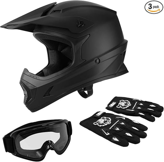 TCT-MOTORPARTS DOT Youth Kids Motocross ATV Full Face Helmets for Offroad Street Dirt Bike Go-Kart BMX MX Matte Black X-Large
