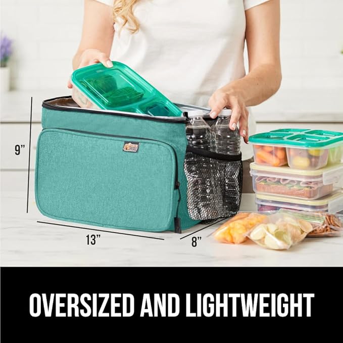 GORILLA GRIP Reusable Insulated Lunch Box Bag for Women Men, 15L, Leakproof XL Soft Cooler Bags, Multiple Compartments, Mesh Pockets and Adjustable Strap, Food Tote Keeps Drinks Cold, 13x9, Turquoise