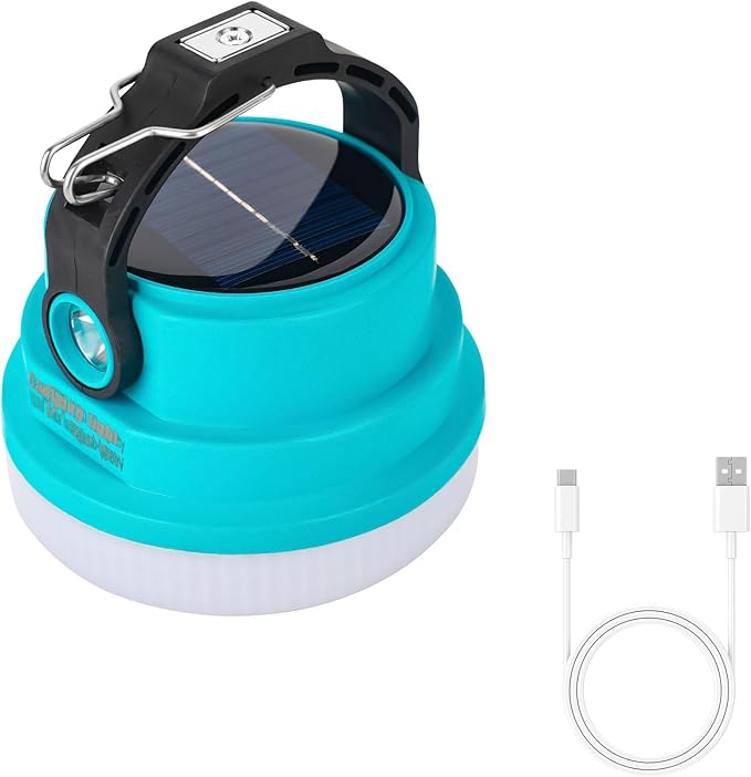 Solar Camping Lantern Rechargeable, 2-in-1 10000mAh Rechargeable Camping Light and Phone Charger for Hiking,Travel - Emergency Hanging Light for Hurricane, Power Outage, 100W, Blue