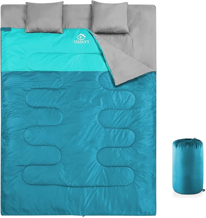 oaskys Double Sleeping Bag for Adults with 2 Pillows - Queen Size XL Waterproof Sleeping Bag for All Season Camping Hiking Backpacking 2 Person Sleeping Bags for Cold Weather & Warm