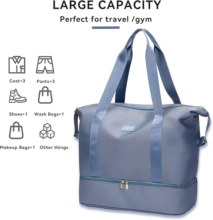 Large Travel Duffel Bag with Shoe Compartment, Gym Tote Carry on Bags for women, Lightweight Duffel Bags with Trolley Sleeve fit for Travel and Sport(Blue)