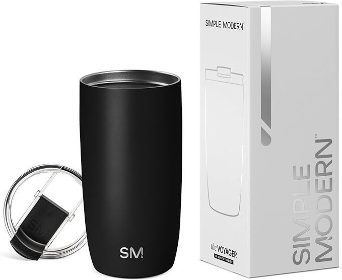 Simple Modern Travel Coffee Mug Tumbler with Flip Lid | Reusable Insulated Stainless Steel Cold Brew Iced Coffee Cup Thermos | Gifts for Women Men Him Her | Voyager Collection | 16oz | Midnight Black